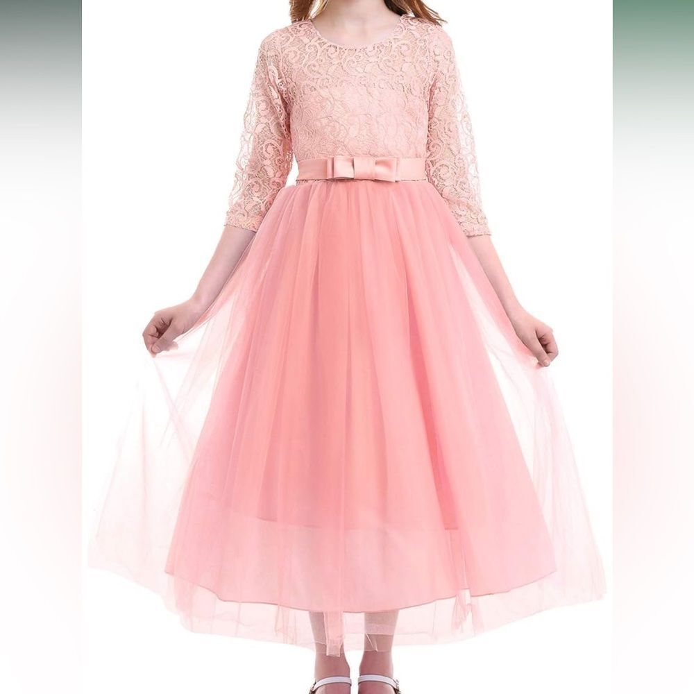 Blush pink mesh tulle long skirt formal flower girl gown dress 140 size 7-8